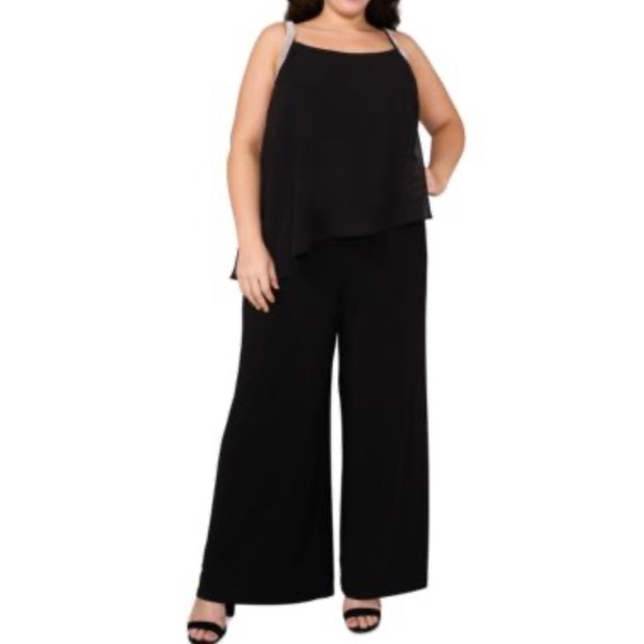MSK Pants - MSK Women Plus Size 3X Black Overlay Jumpsuit Rhinestone Trim Wide Leg New
